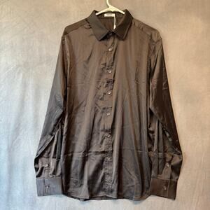 Coofandy Black Silky Button Up Shirt Disco Club Long Sleeve Dress Party NWT